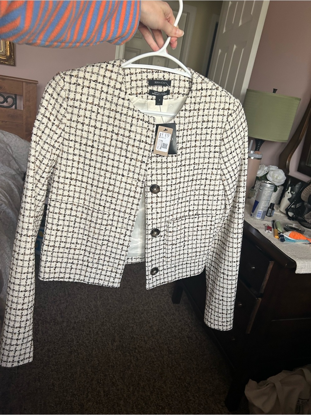RW&CO. Cream and brown, Black Tweed Cropped Blazer